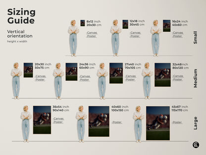 Sizing guide for vertical football action canvas and poster prints. Find the perfect fit for your space with options from small to large. Visualize the dynamic football tackle artwork in various sizes. Ideal wall art for a sports room man cave or as a gift for a football fan. Enhance your sports themed decor.
