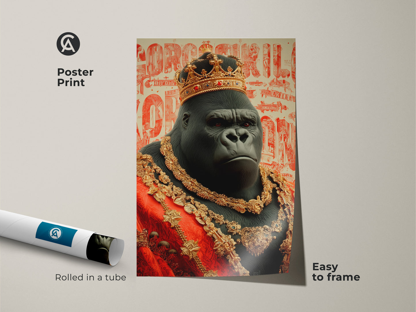 Poster print of a regal gorilla wall art. This crowned animal artwork is rolled in a tube for protection and easy framing. The ornate animal artwork features a gold crown and red robe. An ideal gift for animal lovers who enjoy king kong poster art.