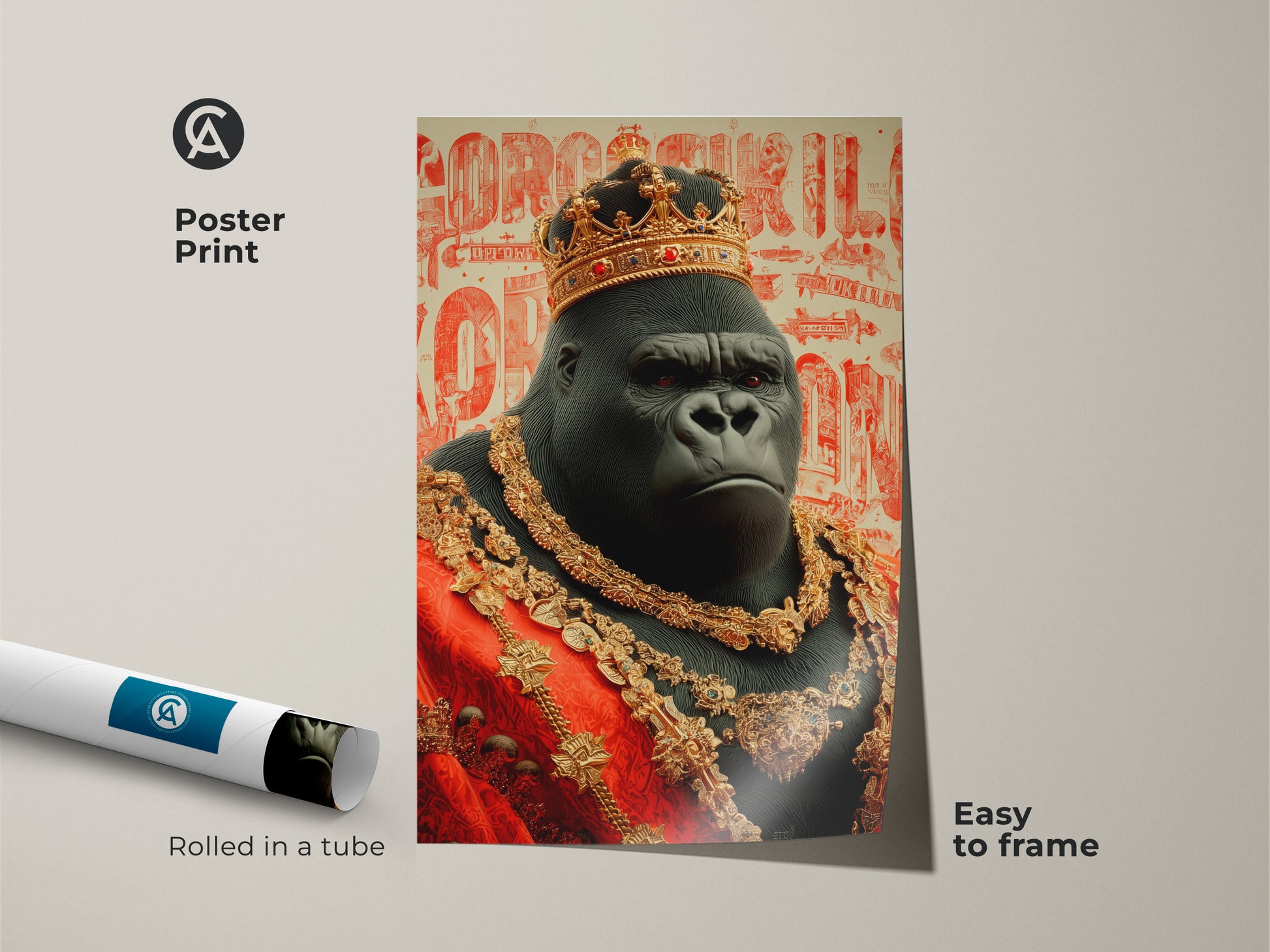Poster print of a regal gorilla wall art. This crowned animal artwork is rolled in a tube for protection and easy framing. The ornate animal artwork features a gold crown and red robe. An ideal gift for animal lovers who enjoy king kong poster art.