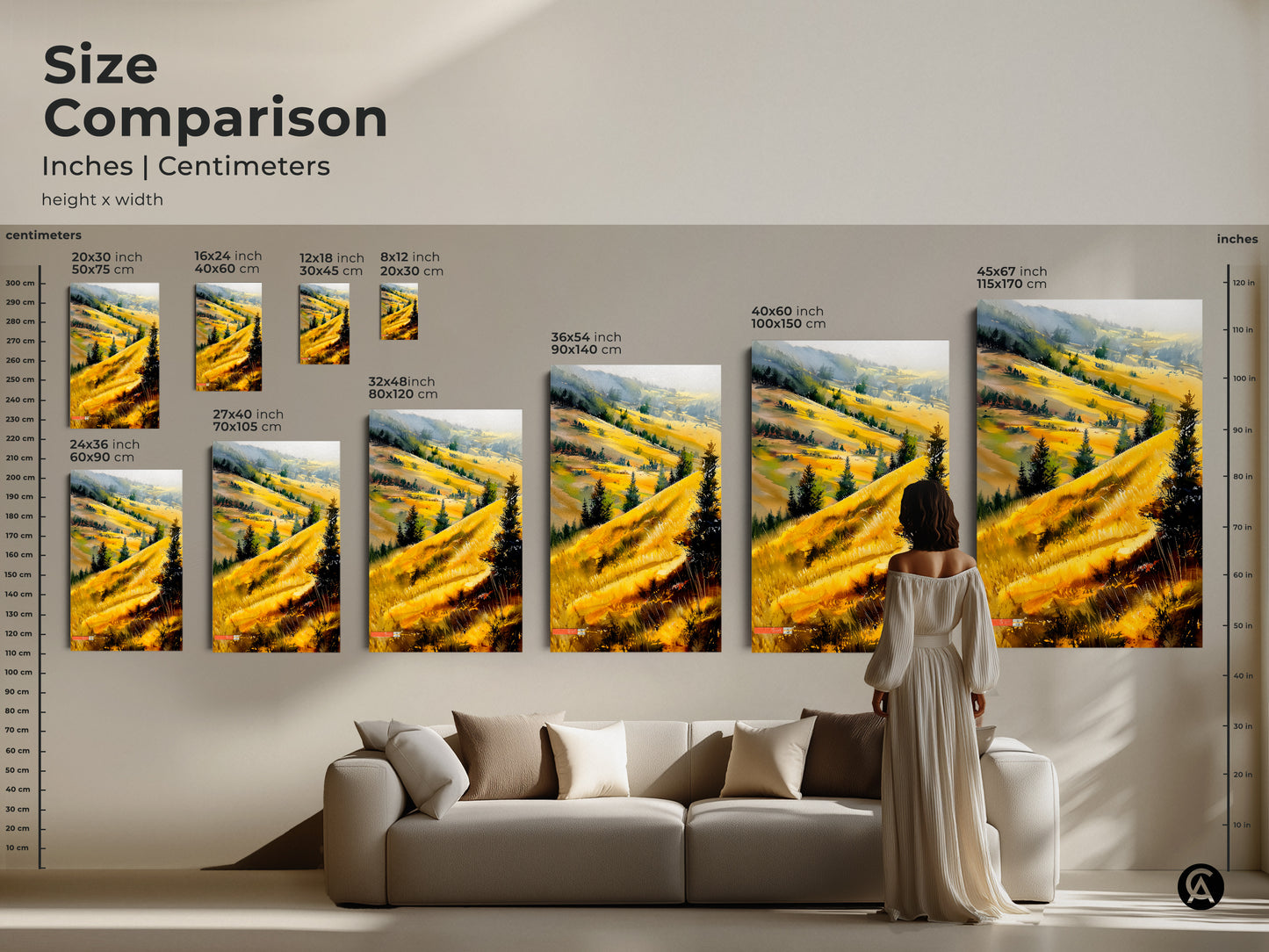 Size comparison of golden hills artwork. See how the canvas art fits above a sofa. Visualize the impact of different sizes. Choose the right scale for your scenic landscape canvas art. Perfect for any room.