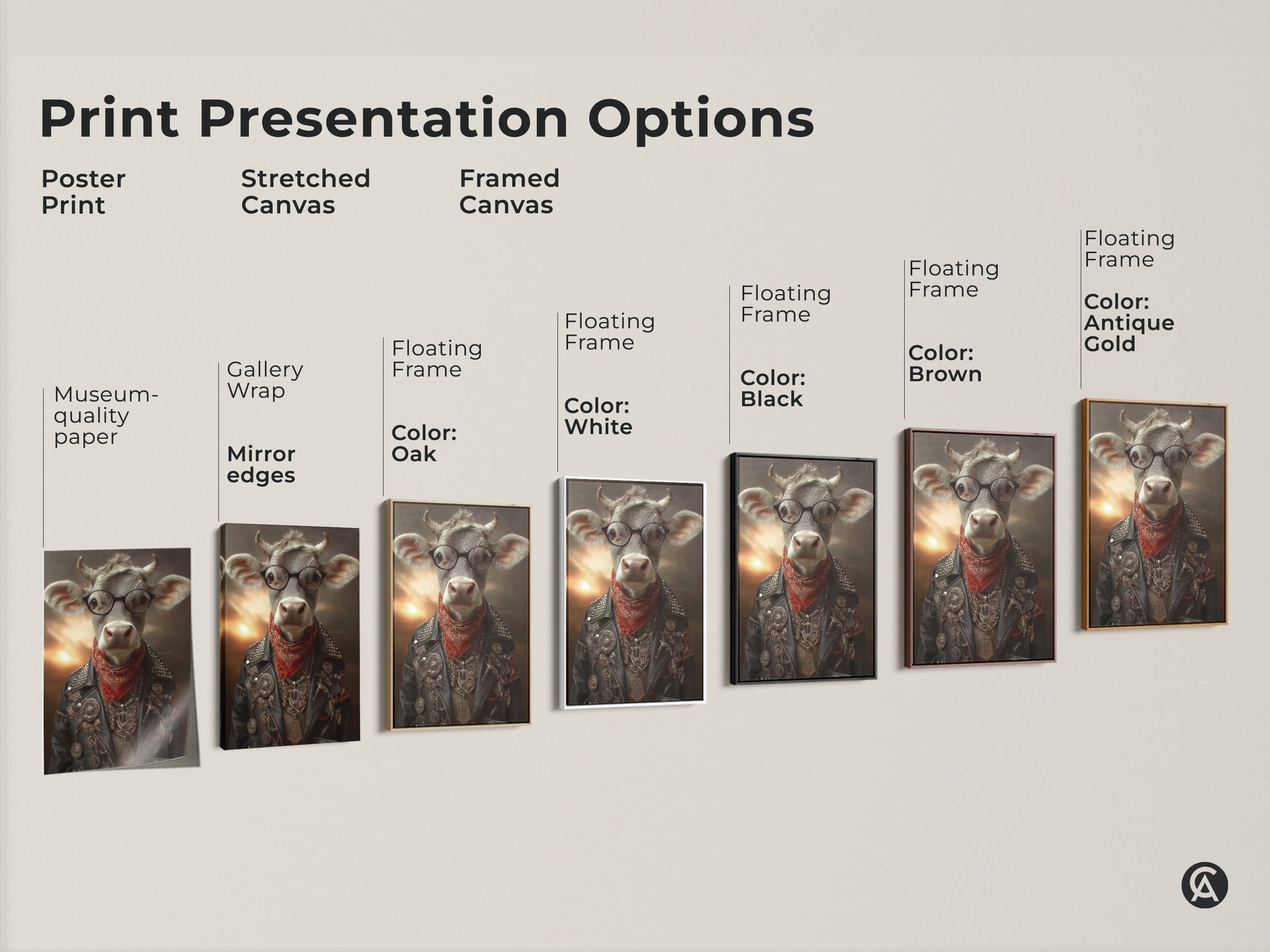Print Presentation Options Explore various styles including poster stretched and framed canvases with gallery wrap and floating frame. Find the perfect medium for this funny cow print.