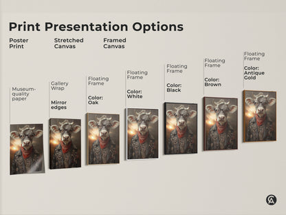 Print Presentation Options Explore various styles including poster stretched and framed canvases with gallery wrap and floating frame. Find the perfect medium for this funny cow print.