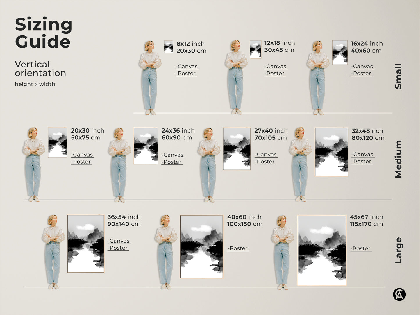 Sizing guide showcasing various sizes of the black white ink wash art print. Vertical orientations are available for the mountain river landscape canvas. Find the ideal minimalist nature wall decor to fit your space. From small to large this Japanese Sumi-e style artwork enhances any room.