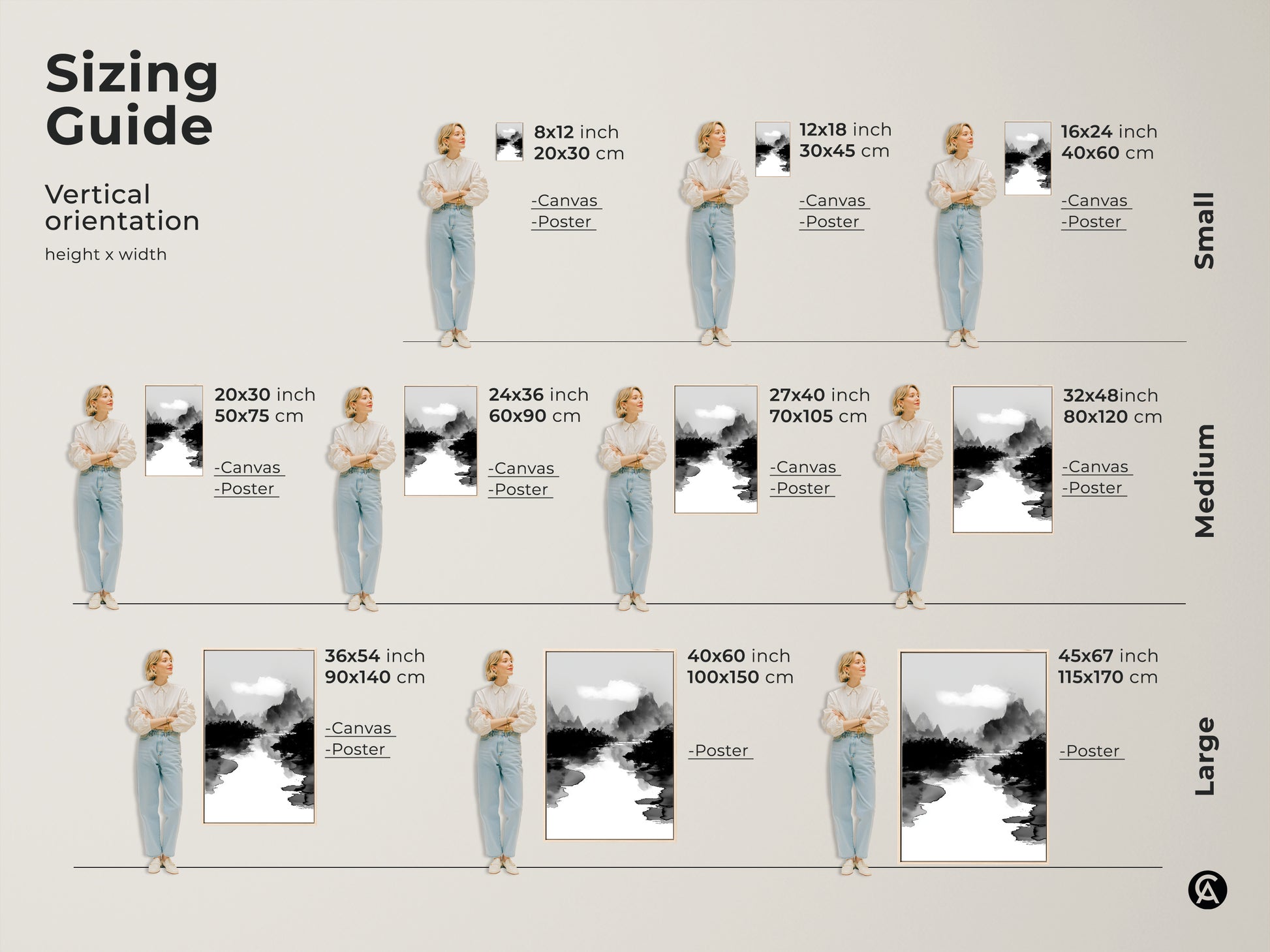 Sizing guide showcasing various sizes of the black white ink wash art print. Vertical orientations are available for the mountain river landscape canvas. Find the ideal minimalist nature wall decor to fit your space. From small to large this Japanese Sumi-e style artwork enhances any room.