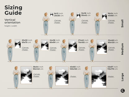 Sizing guide showcasing various sizes of the black white ink wash art print. Vertical orientations are available for the mountain river landscape canvas. Find the ideal minimalist nature wall decor to fit your space. From small to large this Japanese Sumi-e style artwork enhances any room.
