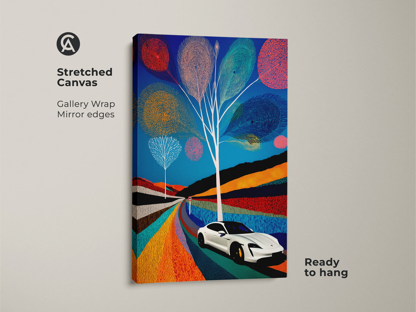 Stretched canvas showcasing abstract geometric electric car art with gallery wrapped mirror edges ready to hang. This blue teal orange art print offers a contemporary landscape canvas for modern wall art. A unique housewarming gift for him.