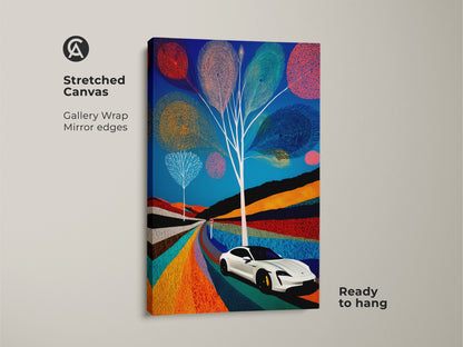 Stretched canvas showcasing abstract geometric electric car art with gallery wrapped mirror edges ready to hang. This blue teal orange art print offers a contemporary landscape canvas for modern wall art. A unique housewarming gift for him.
