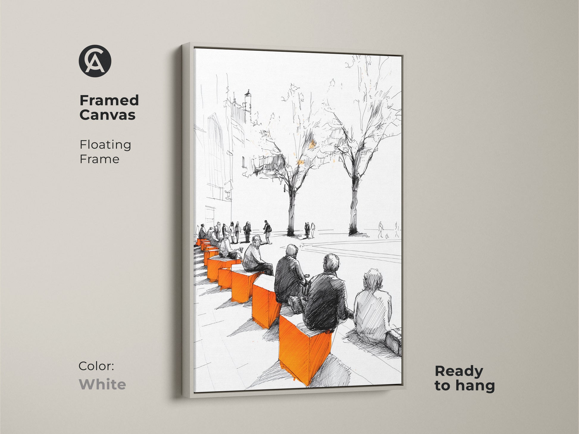 Framed canvas art print presents an urban cityscape sketch with people on benches. It has a minimalist palette of black white and orange. Encased in a white floating frame this contemporary sketch is ready to hang bringing urban sophistication to any space.