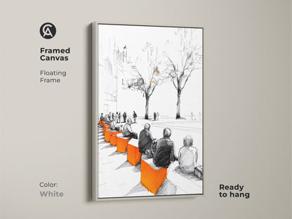 Framed canvas art print presents an urban cityscape sketch with people on benches. It has a minimalist palette of black white and orange. Encased in a white floating frame this contemporary sketch is ready to hang bringing urban sophistication to any space.