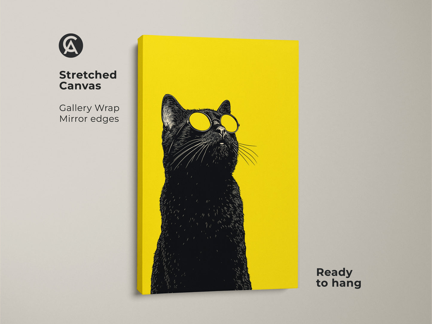 Stretched canvas art featuring a black cat with sunglasses on a yellow background. This pop art canvas art adds quirky cat decor to any home. It is ready to hang as animal wall art.