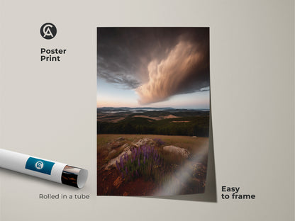 Poster print of a dramatic storm cloud and wildflower landscape. This nature scenery wall art is easy to frame. Rolled in a tube for protection. A great gift for nature lovers wanting modern farmhouse canvas.