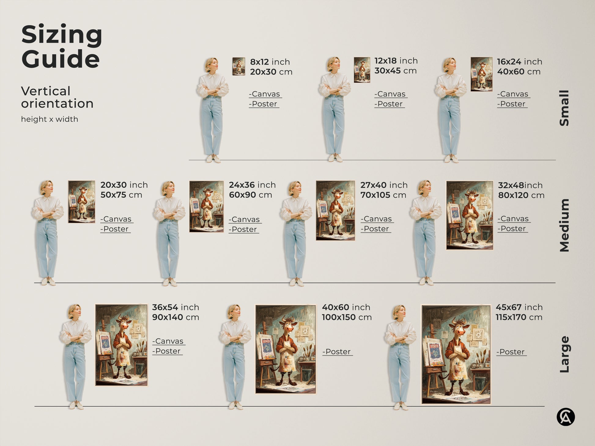 Sizing guide for the cartoon cow artist print. Available as canvas or poster in vertical orientations. Find the perfect fit for your space from small to large sizes. This whimsical cow wall art complements any room. Perfect birthday gift.