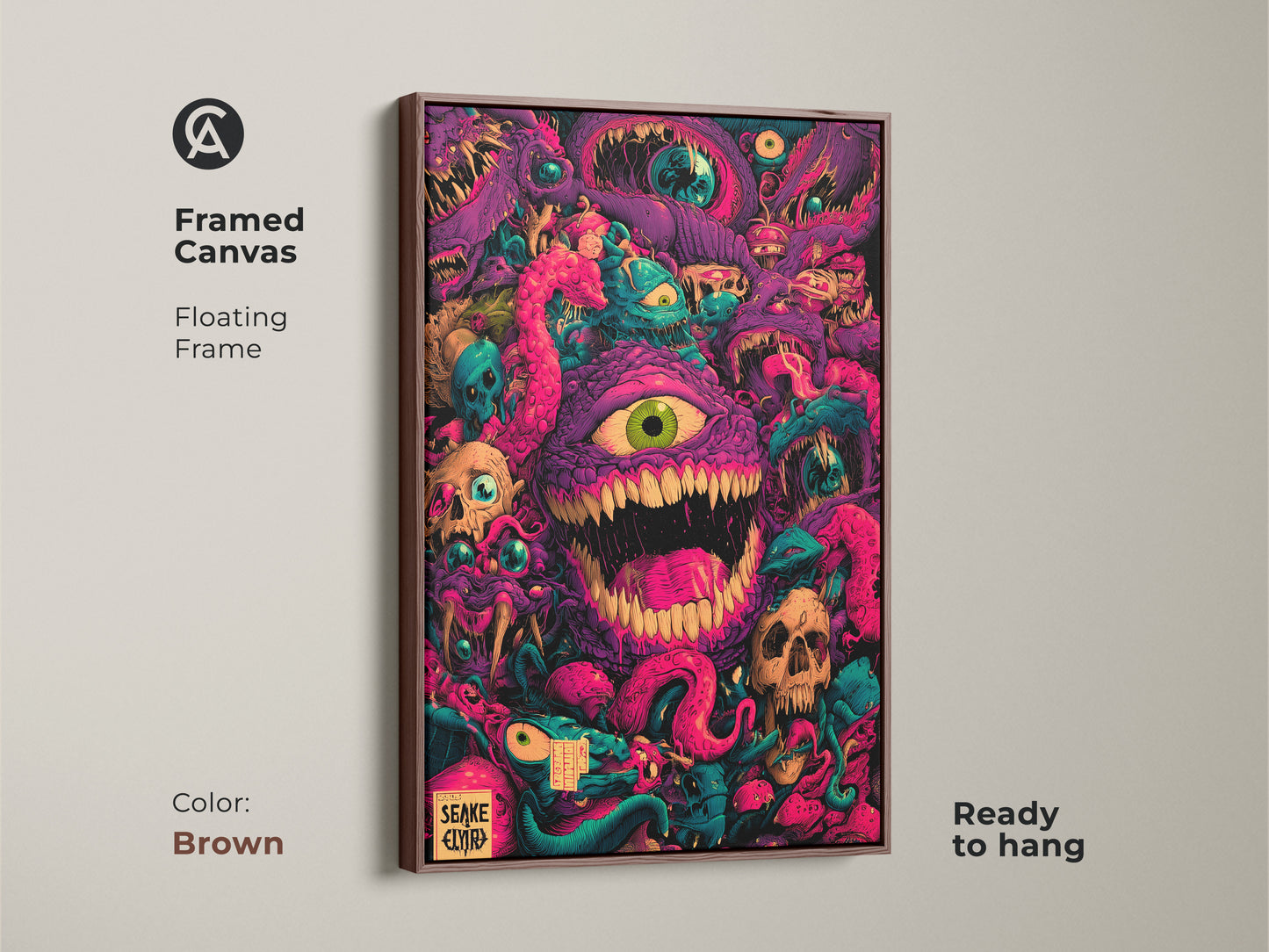 Framed Canvas Floating Frame in Brown. This ready to hang piece features monster artwork. See skulls tentacles & eyeballs in vibrant colors. The brown floating frame complements the artwork. Making it a stylish addition to your home.