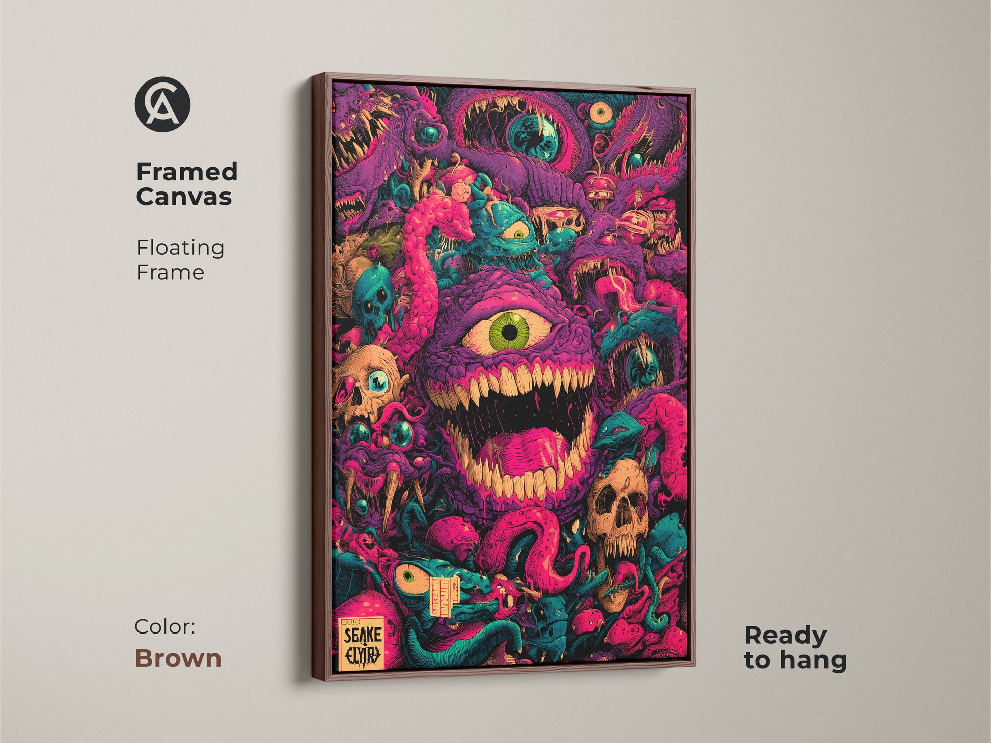 Framed Canvas Floating Frame in Brown. This ready to hang piece features monster artwork. See skulls tentacles & eyeballs in vibrant colors. The brown floating frame complements the artwork. Making it a stylish addition to your home.