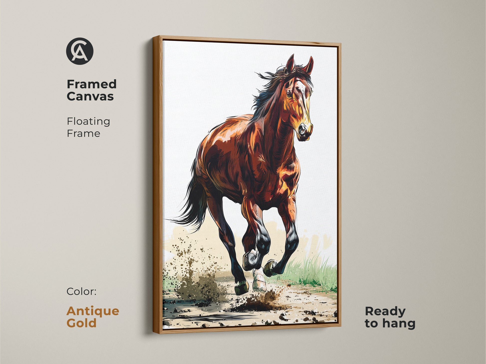 Framed canvas art of a galloping horse in antique gold. This sienna brown horse art adds rustic equestrian elegance. The animal action artwork is ready to hang. A unique bedroom decor piece for horse lovers. Perfect country style wall decor.