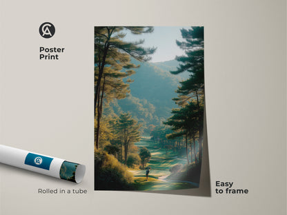Golf course poster print ready to frame. The artwork captures a beautiful fairway scene. Rolled in a tube for protection this museum-quality paper ensures lasting beauty. Add scenic landscape art to your home. Perfect for golf enthusiasts.