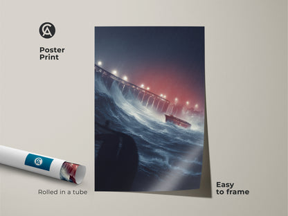 Poster print of a ship battling stormy seas. This maritime storm painting features a dark blue ocean and a red ship near a bridge. Easy to frame this powerful sea art print makes a bold statement in any space. A great gift for nautical and art enthusiasts.