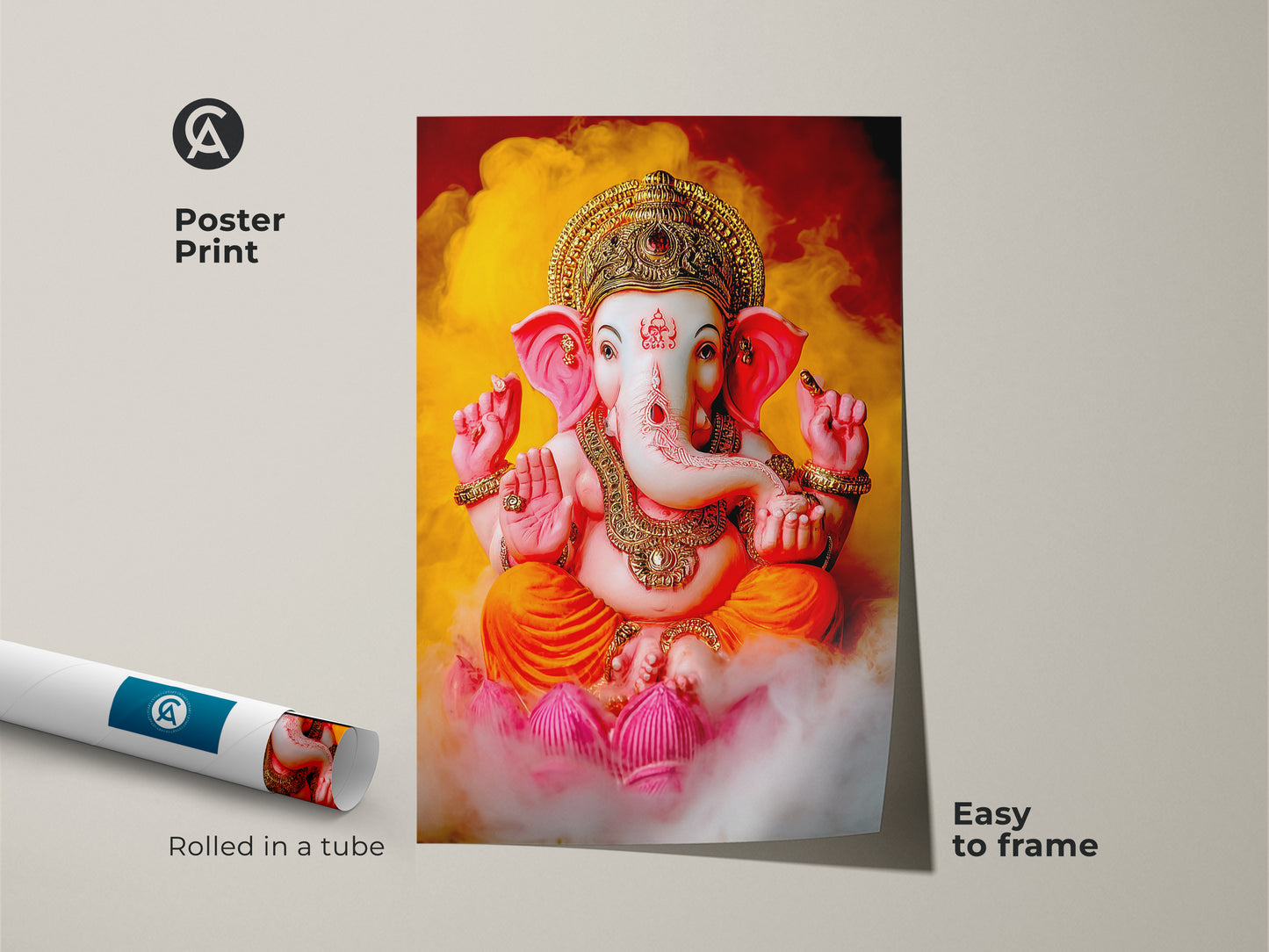 Lord Ganesha poster print rolled in a tube. Easy to frame this Hindu deity artwork. The spiritual Indian art features a vibrant color palette. Orange pink yellow art with lotus flower accents. Religious home decor for a meditation space. A sacred Hinduism artwork.