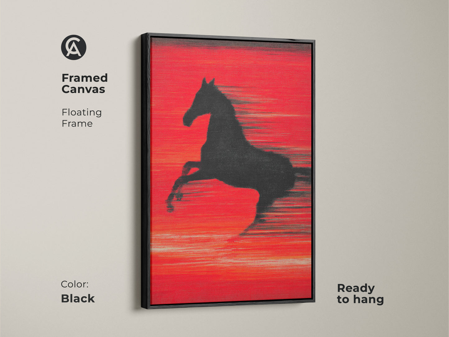 Framed canvas with a floating frame displays the abstract crimson horse. The black frame enhances the vivid red and black abstract. Ready to hang this powerful horse art brings dynamic motion to any space. It's ideal for contemporary living room art.