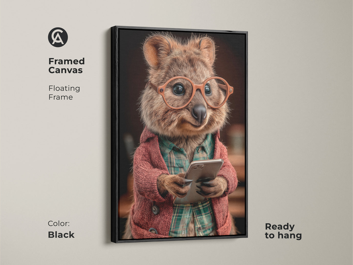 Framed canvas of a Quokka with glasses holding a smartphone. Funny animal wall art is ready to hang. Floating frame. Black framed eclectic art. A quirky animal portrait for animal lovers.