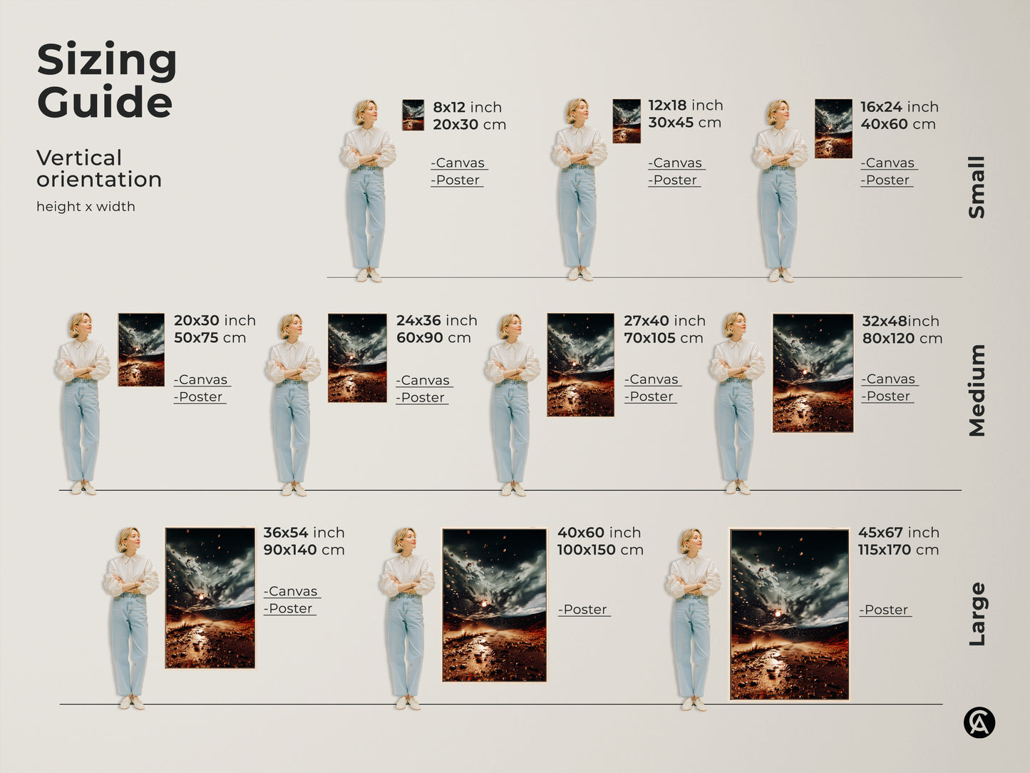 Sizing guide for vertical orientation artwork. See how the surreal desert storm canvas looks in various sizes. Available as canvas or poster. Great for bedroom wall art decor or a housewarming gift art.