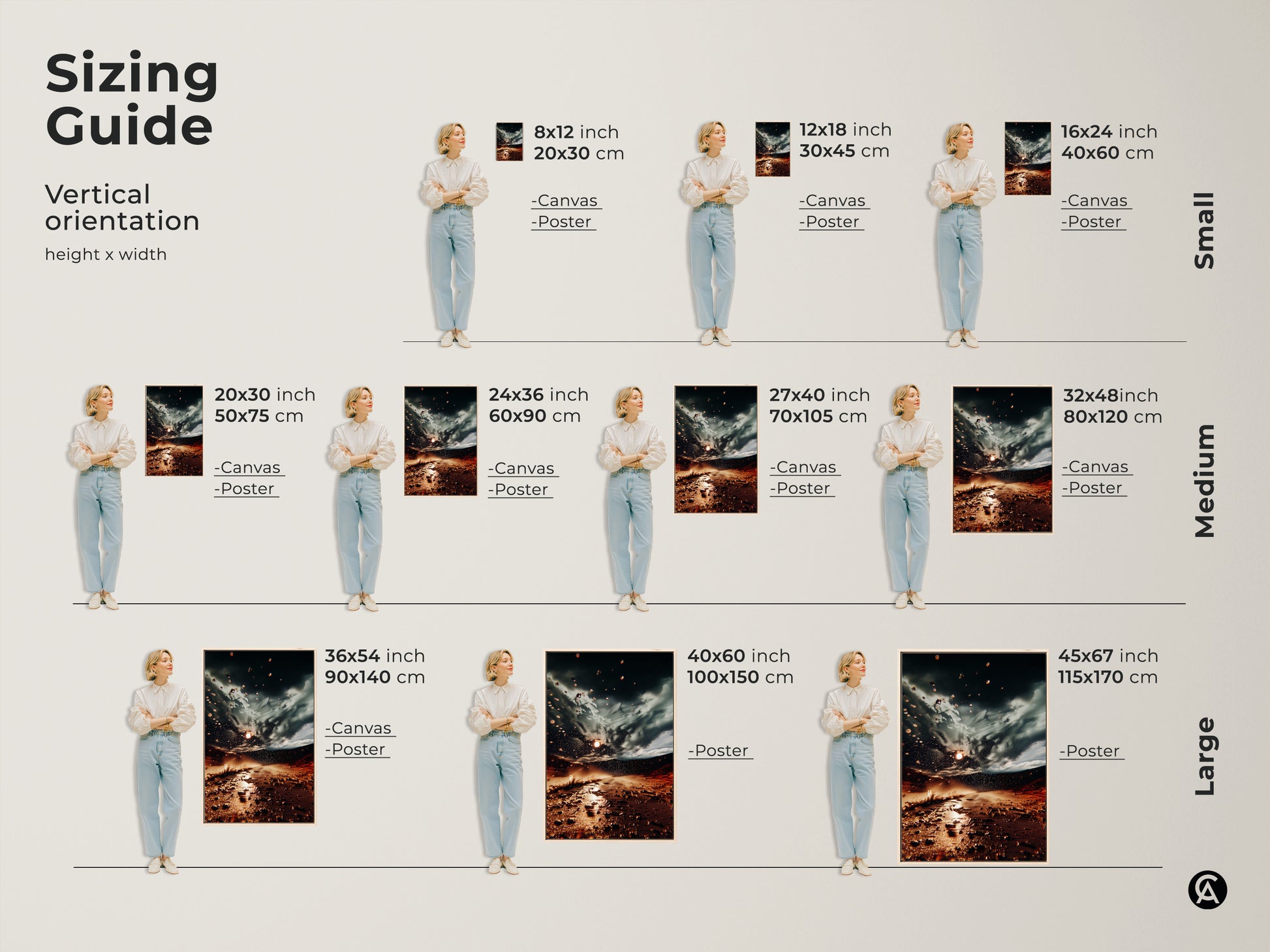 Sizing guide for vertical orientation artwork. See how the surreal desert storm canvas looks in various sizes. Available as canvas or poster. Great for bedroom wall art decor or a housewarming gift art.