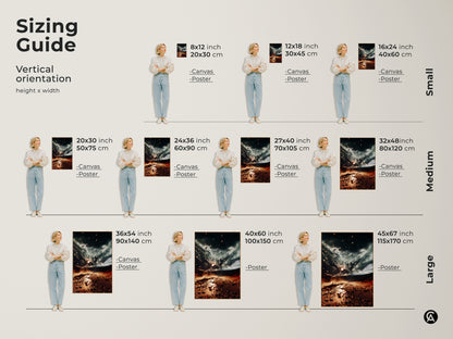 Sizing guide for vertical orientation artwork. See how the surreal desert storm canvas looks in various sizes. Available as canvas or poster. Great for bedroom wall art decor or a housewarming gift art.