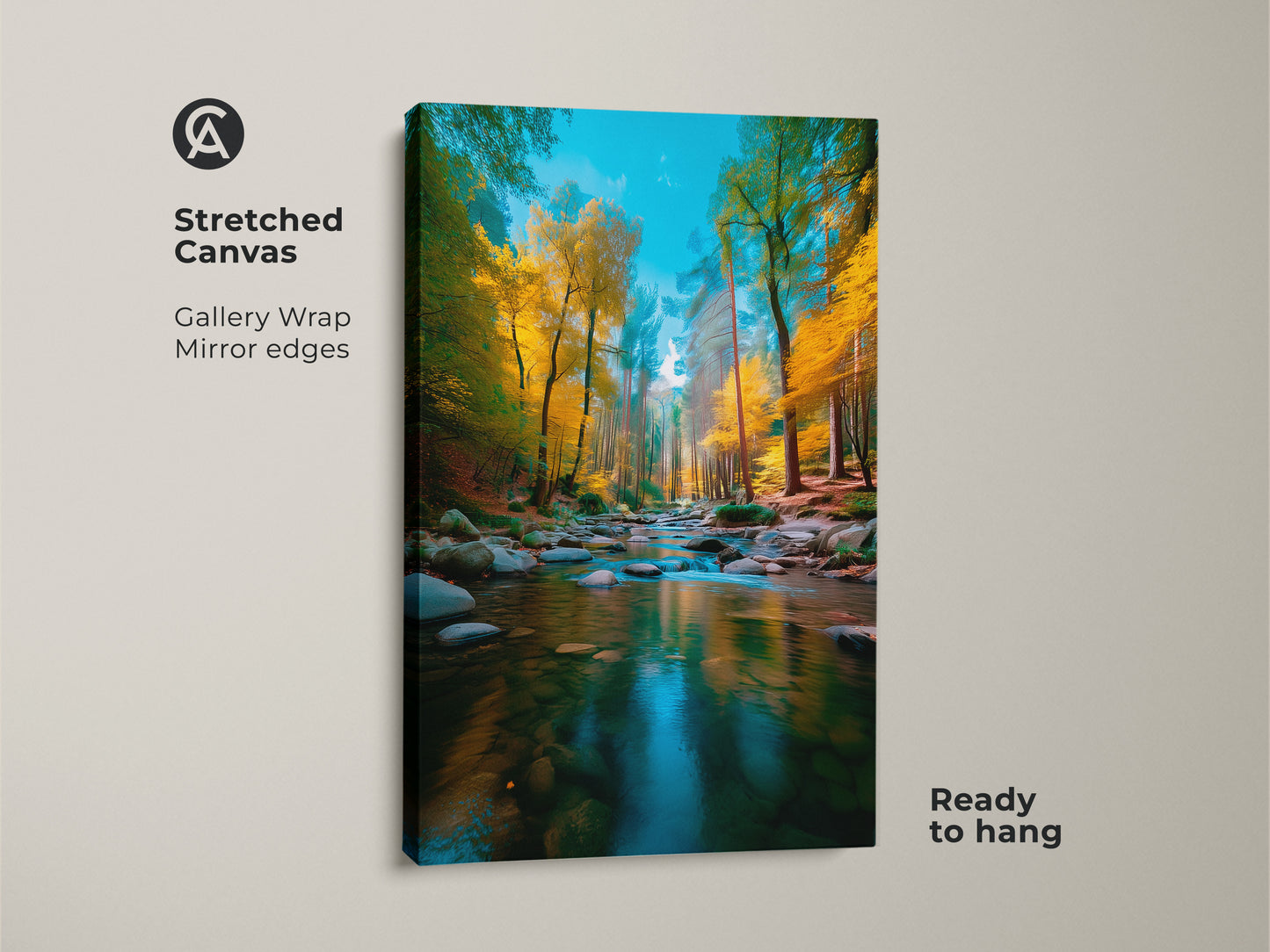 Stretched canvas artwork featuring a serene river in a colorful autumn forest. This gallery-wrapped canvas has mirror edges and is ready to hang. A perfect piece for nature-inspired wall art.