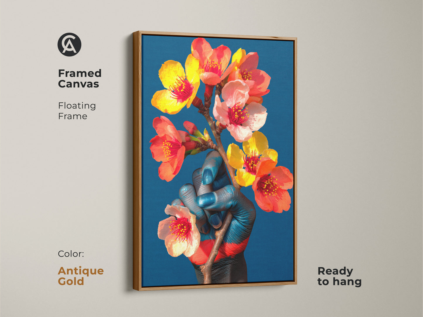 Surreal botanical artwork with an antique gold floating frame. The framed canvas features a blue hand holding orange and red flowers. This eclectic wall art makes a unique housewarming gift and enhances bedroom decor.