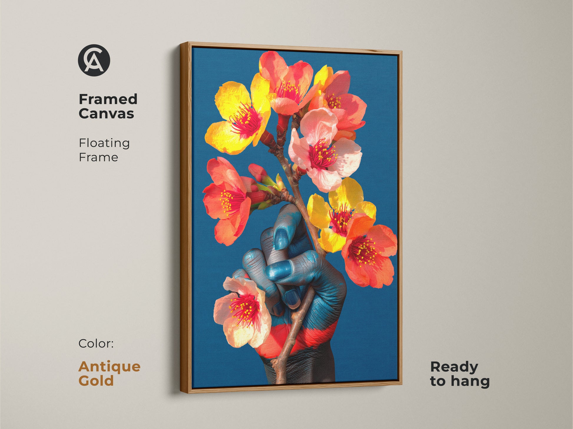 Surreal botanical artwork with an antique gold floating frame. The framed canvas features a blue hand holding orange and red flowers. This eclectic wall art makes a unique housewarming gift and enhances bedroom decor.