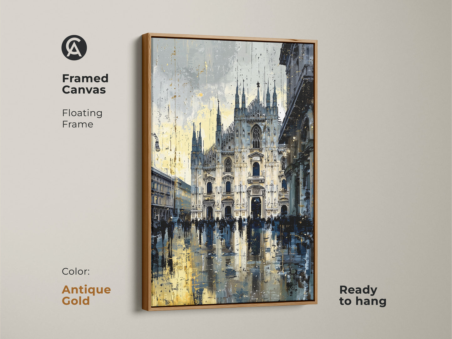 Framed Canvas in antique gold showcasing Milan Cathedral artwork. Floating frame elevates the artwork. Ready to hang and display. Urban street scene print brings contemporary art to any space. Blue yellow and gray tones create a unique aesthetic.