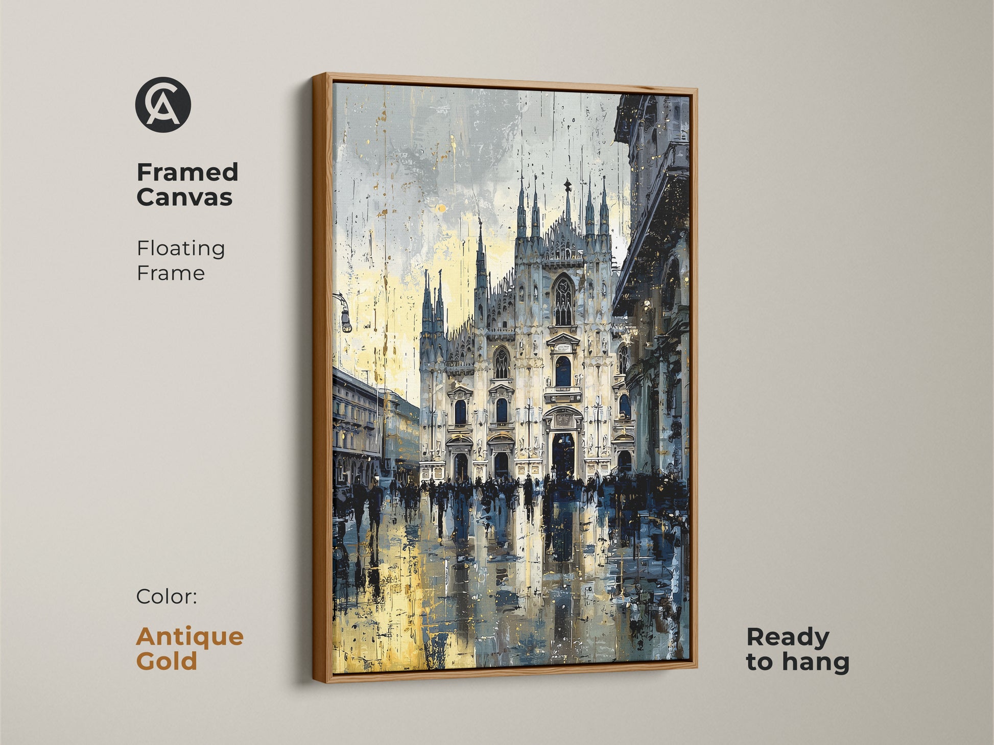Framed Canvas in antique gold showcasing Milan Cathedral artwork. Floating frame elevates the artwork. Ready to hang and display. Urban street scene print brings contemporary art to any space. Blue yellow and gray tones create a unique aesthetic.