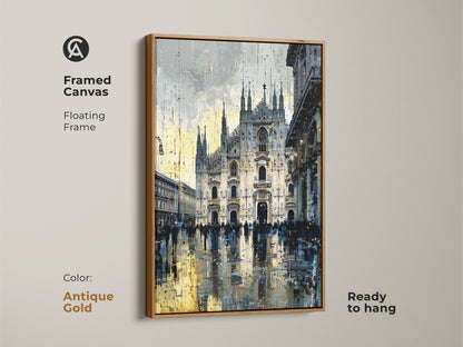 Framed Canvas in antique gold showcasing Milan Cathedral artwork. Floating frame elevates the artwork. Ready to hang and display. Urban street scene print brings contemporary art to any space. Blue yellow and gray tones create a unique aesthetic.