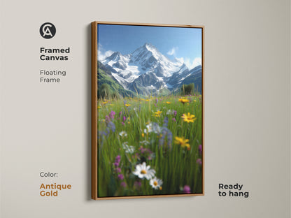 Framed canvas art of an alpine meadow. Antique gold floating frame complements the impressionistic landscape. Wildflowers bloom beneath snow-capped mountains. This rustic wall decor is ready to hang. Perfect housewarming gift for art and nature enthusiasts. Adds elegance to any room.