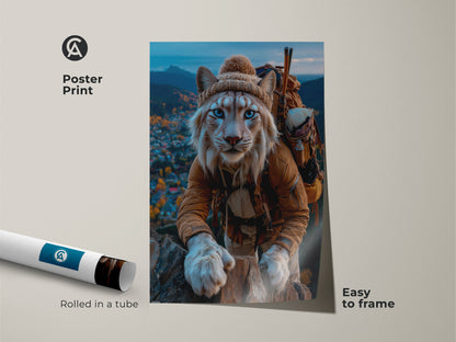 Lynx mountain explorer poster print rolled in a tube. The blue eyed cat adventurer wall art brings nature indoors. Easy to frame for any animal lover looking for forest animal art. This eclectic home decor lynx painting has a whimsical cat with a backpack. Buy now