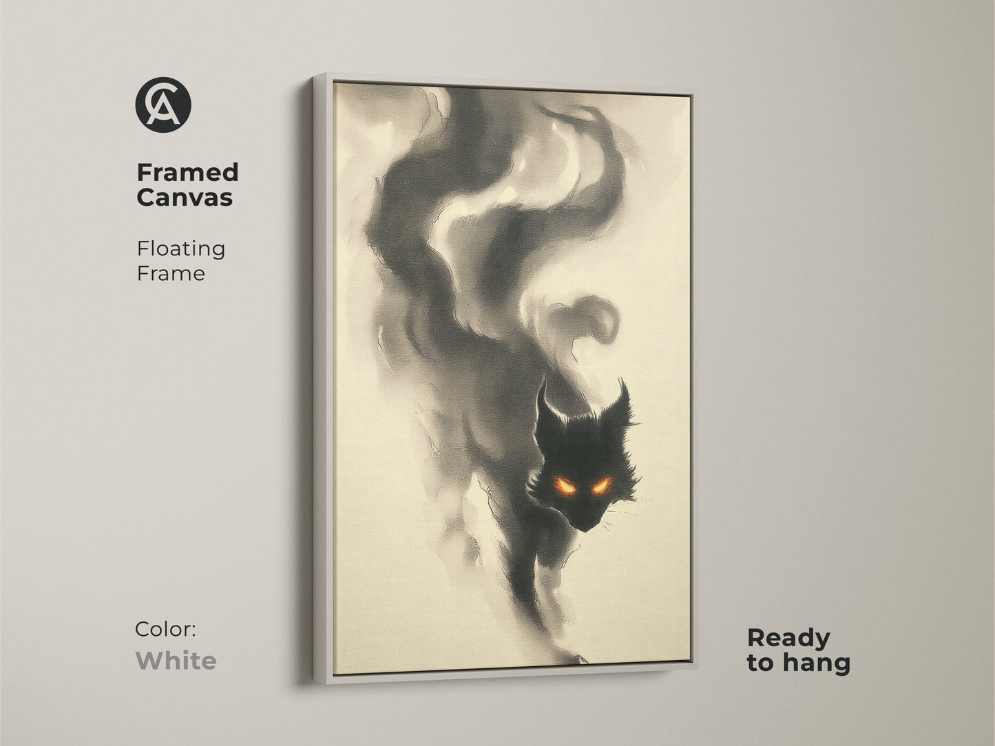 Framed canvas art featuring a smoky black cat with glowing orange eyes in a floating frame. The white frame creates a clean and modern look. This ready-to-hang cat artwork is stylish.