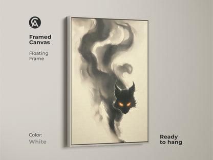 Framed canvas art featuring a smoky black cat with glowing orange eyes in a floating frame. The white frame creates a clean and modern look. This ready-to-hang cat artwork is stylish.