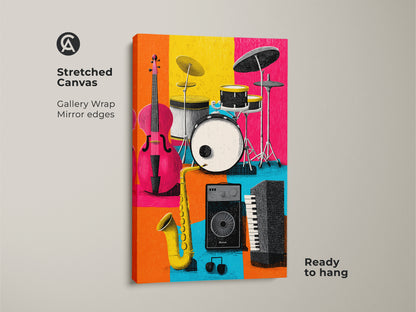 Stretched canvas musical instrument art. Gallery wrapped with mirrored edges. The artwork showcases a cello drum set saxophone keyboard and speaker. The colorful blocks create a visually stunning piece. Add a touch of music to your decor.