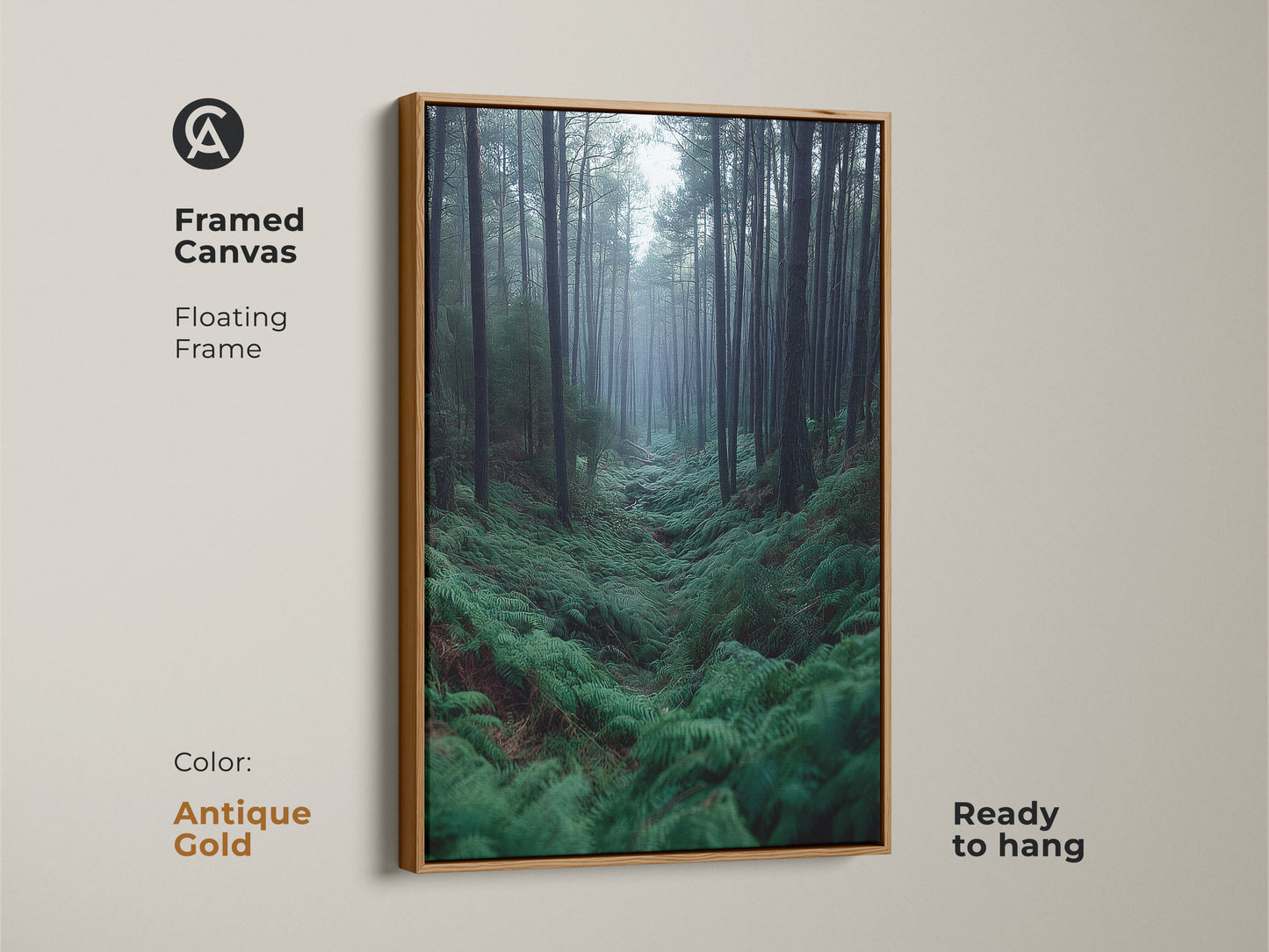 Framed canvas showcasing a Botanical Fern Wall Art print. This pine grove canvas art has a floating antique gold frame. Modern farmhouse wall art for an atmospheric forest scene.