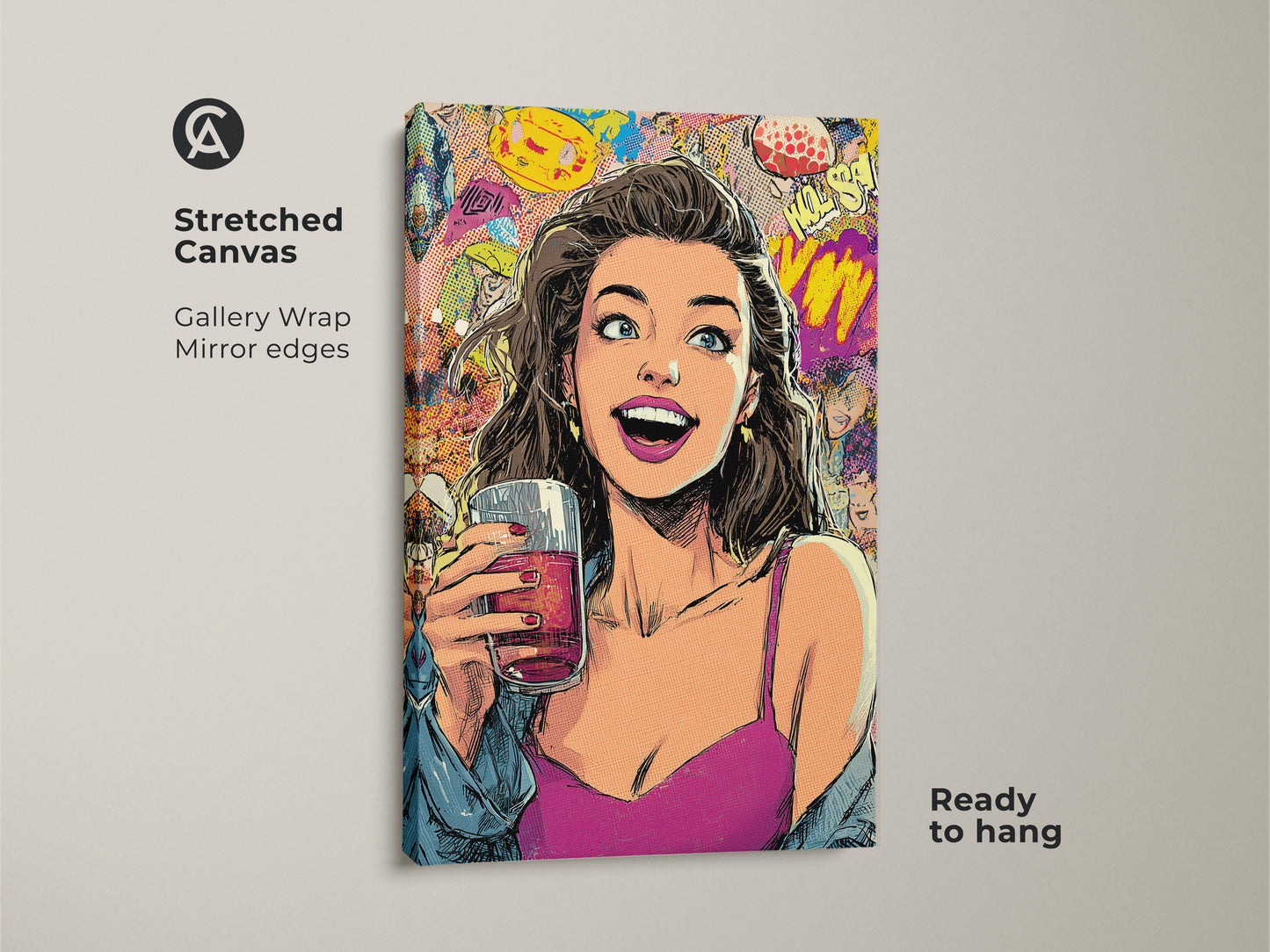 Stretched canvas print featuring a pop art woman enjoying a cocktail. This retro comic book style wall art adds an eclectic touch to any room. The canvas has mirror edges and is ready to hang. It is a vibrant and unique artwork.