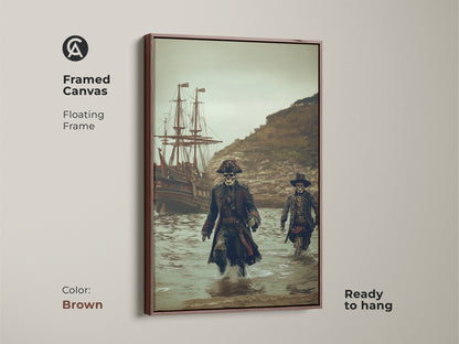 This framed canvas showcases skeleton pirates and a galleon ship. This gothic dark fantasy artwork is ready to hang. It features a floating brown frame. The deep teal and brown tones create an adventurous mood. Ideal wall decor for pirate enthusiasts.