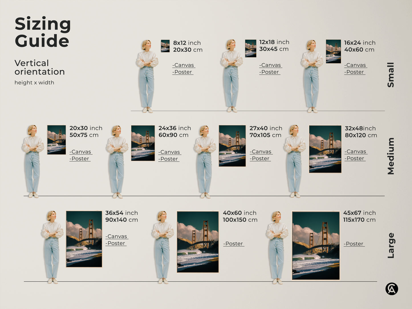Sizing guide for Golden Gate Bridge vertical artwork. Available in small medium and large sizes. Choose canvas or poster prints to fit your space. Perfect San Francisco art.