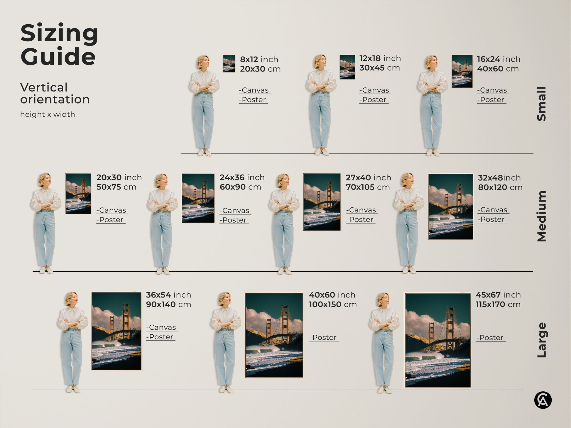 Sizing guide for Golden Gate Bridge vertical artwork. Available in small medium and large sizes. Choose canvas or poster prints to fit your space. Perfect San Francisco art.
