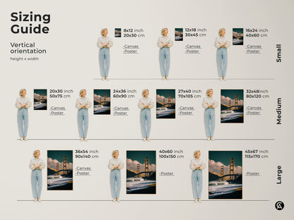 Sizing guide for Golden Gate Bridge vertical artwork. Available in small medium and large sizes. Choose canvas or poster prints to fit your space. Perfect San Francisco art.