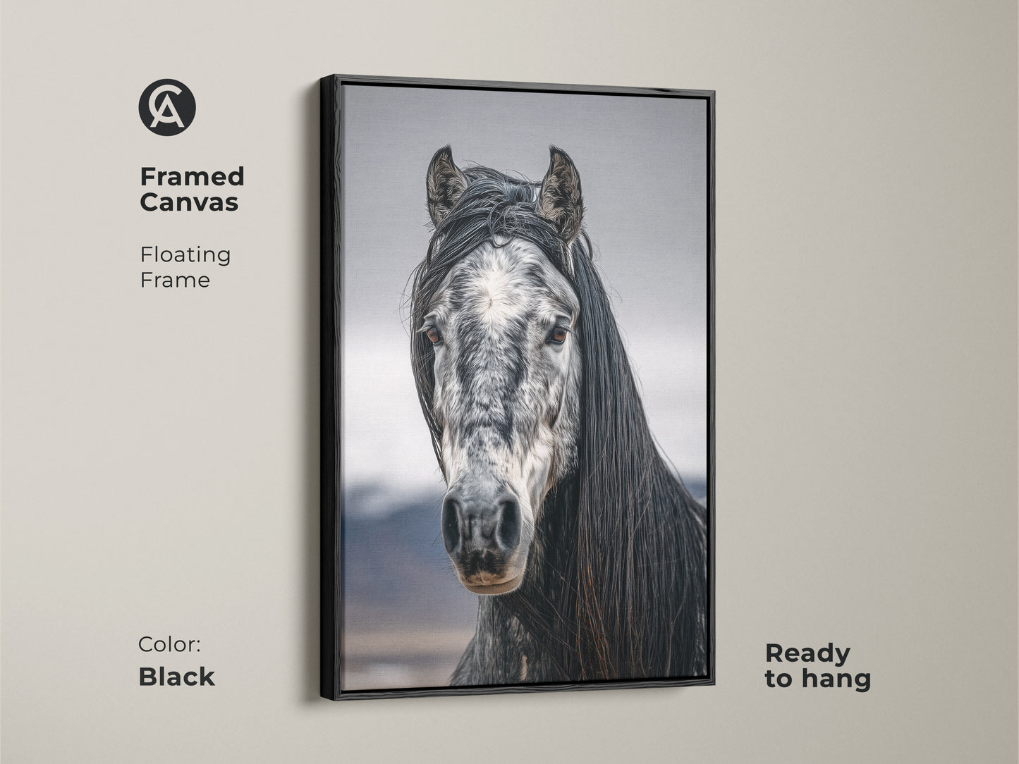 Framed canvas featuring a floating frame in black. Black and white horse art for rustic bedroom wall decor. Ready to hang equestrian gift for her. Photorealistic horse canvas print.