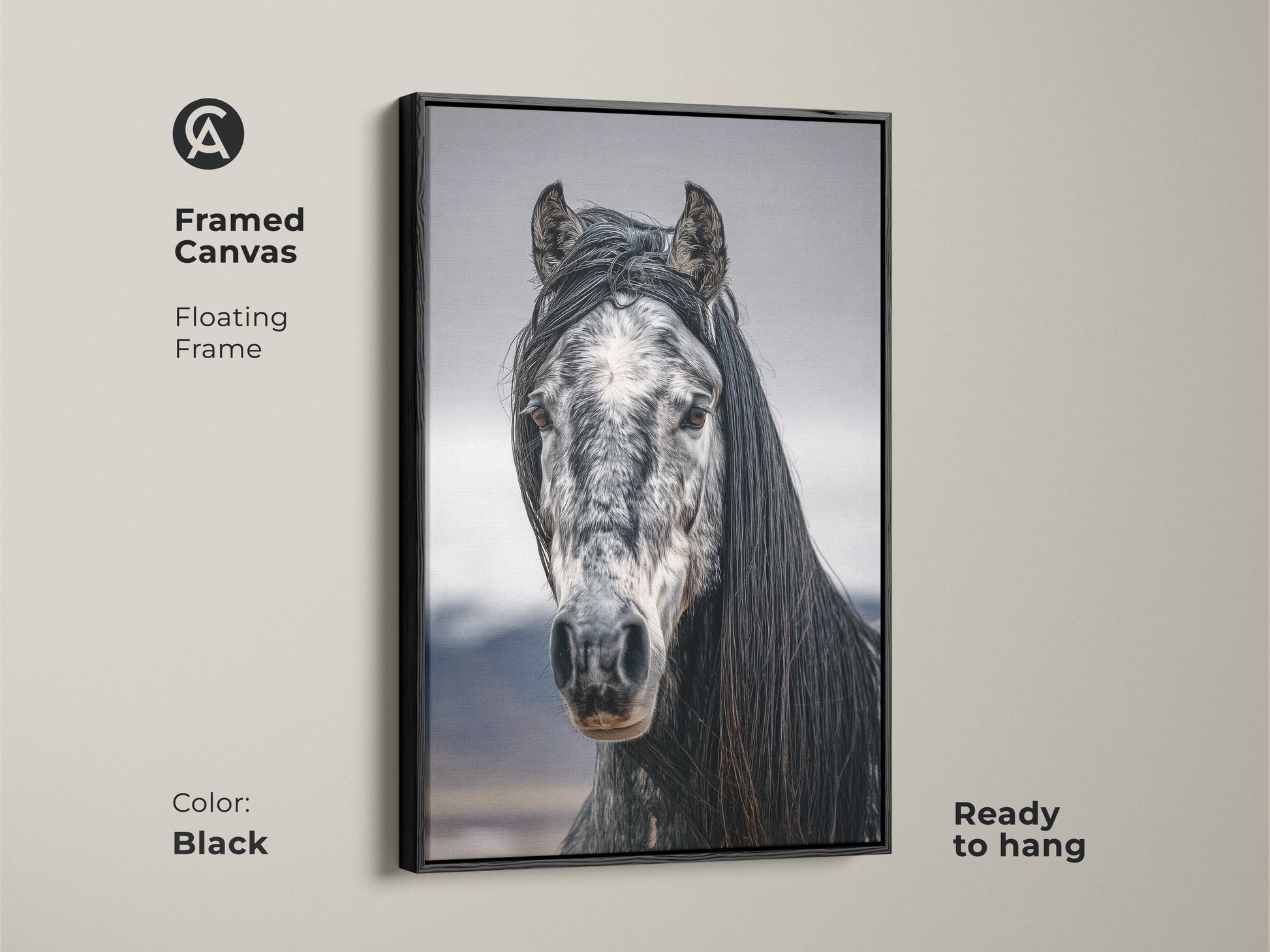 Framed canvas featuring a floating frame in black. Black and white horse art for rustic bedroom wall decor. Ready to hang equestrian gift for her. Photorealistic horse canvas print.