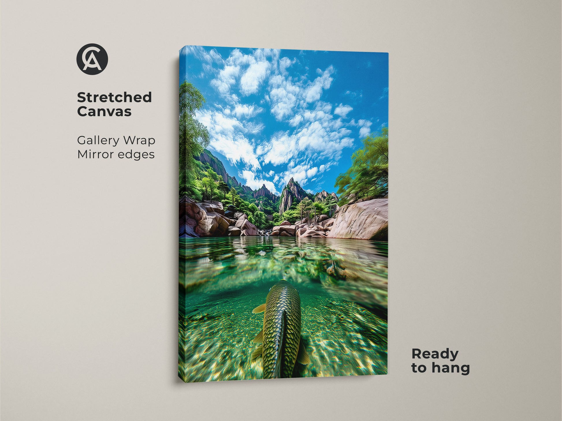 This stretched canvas shows realistic mountain art and an underwater fish. It is ready to hang and displays a clear water scene. This nature photography print makes a perfect gift for boating or fishing lovers. The blue green landscape art will bring wildlife into your living room.