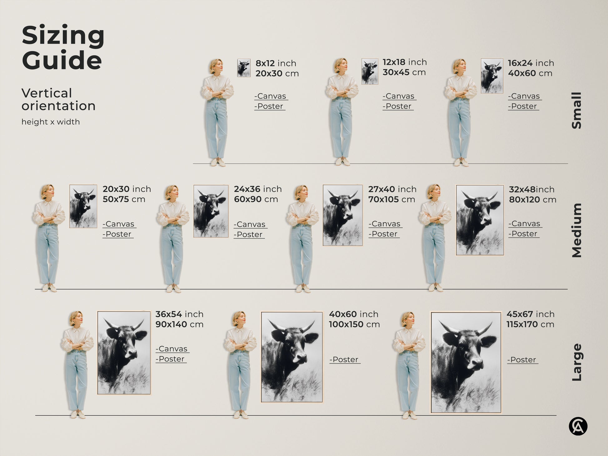 Sizing guide for vertical orientation of cow artwork. Includes canvas and poster options. Ranging from small to large sizes. Black and white farm animal print for bedroom art gift. Rustic farmhouse wall art.