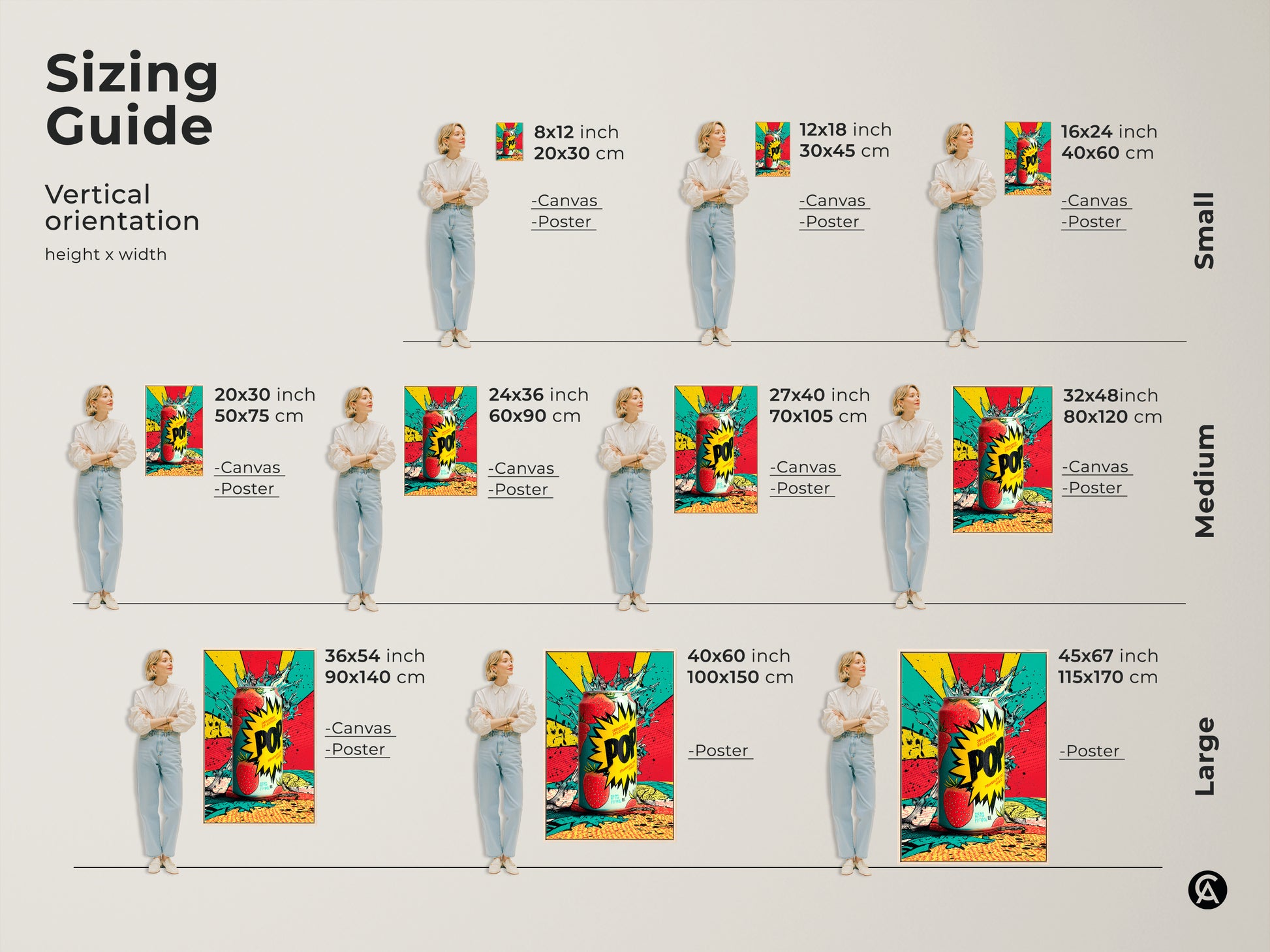 Sizing guide for the strawberry soda can canvas artwork. View the artwork in various sizes from small to large. See how each size fits with a person for scale. Find the perfect dimensions for your wall decor.