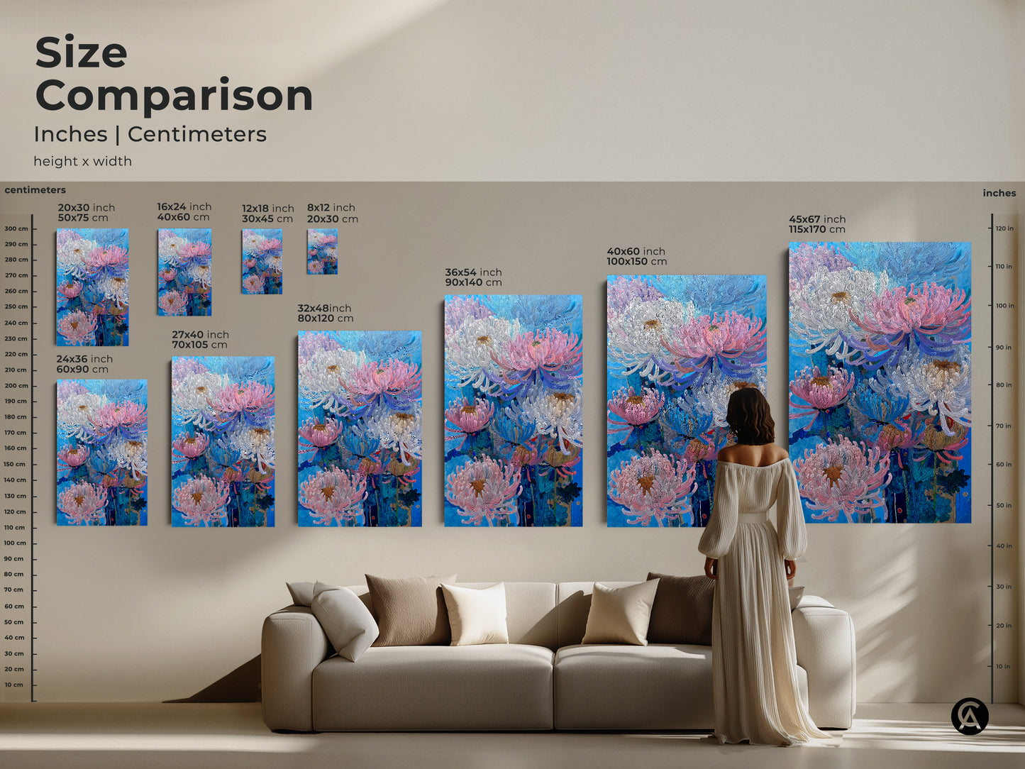 Size comparison of pink blue and white Chrysanthemum artwork in inches and centimeters. Visualize the artwork in various sizes. This modern floral artwork is perfect for adding an aesthetic touch to your living room. Find the ideal size for your botanical nature wall art.